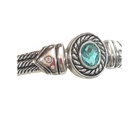 Women’s Silver Tone Bangle Bracelet 6.5 “ Oval Aqua Blue Faceted Plastic Stone - Picture 6 of 17